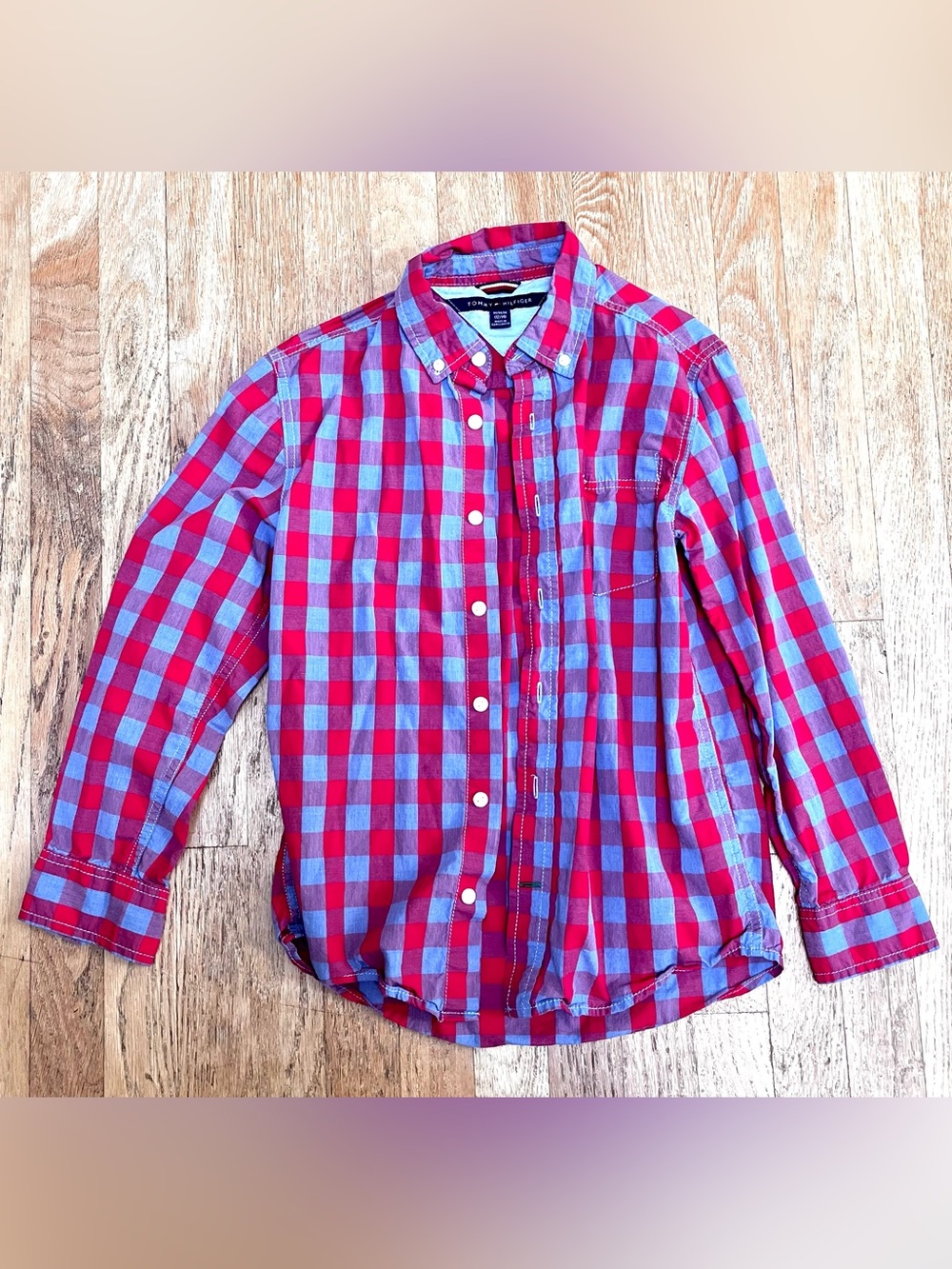 Tommy Hilfiger Red and Light Blue Plaid Button-Down Shirt Boys Medium (12/14)